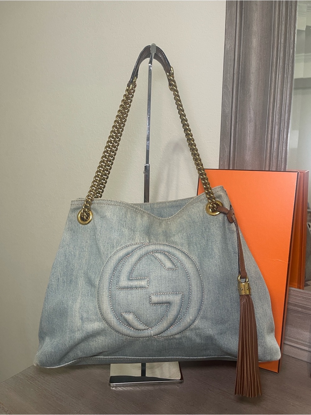 Gucci Light Blue Denim Shoulder Bag with Brown Leather Tassel - Picture 2 of 13